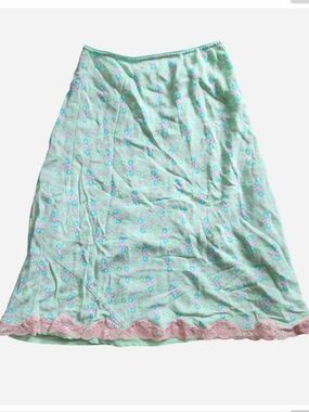 Vintage Sigrid Olsen Y2K Floral Coquette Fairy Whimsy Green Midi Lace Trim Skirt